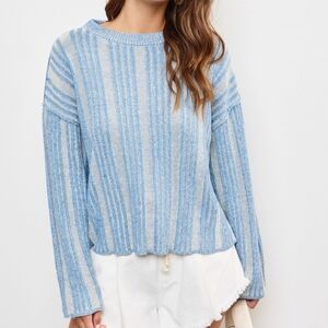 Anthropologie Mustard Seed Blue White Texture Cable Knit Sweater Raw Hem Boxy. S